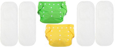 TINNY TOTS Trendy/Fashionable Pack of 2 Pocket Button Style Baby Special Quick-Dry Adjustable Reusable Cloth Diapers With 4 Bamboo Microfiber Insert Diaper Pads(5 Layers) For Toddlers/New Borns(3-17KGS;0-24 Months;YG) - L(6 Pieces)