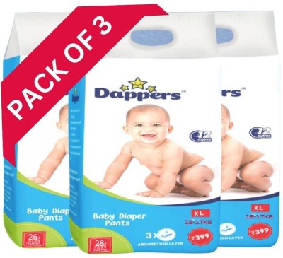 Dappers Baby Diaper Pants Up to 12hrs Protection 3x Absorption Layer 12-17kg Pack of 3 - XL(26 Pieces)