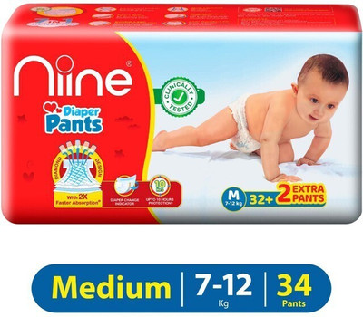 niine Cottony Soft Baby Diaper Pants with Change Indicator for Overnight Protection -M - M(34 Pieces)