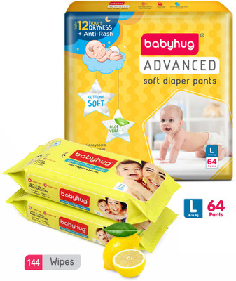 babyhug Advanced Pant Style Diapers Large - 64 Pieces & 2 Packs Lemon Wipes -72 Pieces - L(64 Pieces)