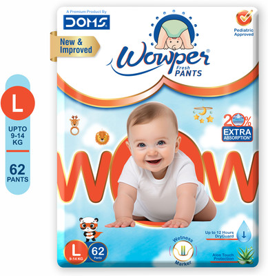 Wowper Fresh Baby Diapers Pants | Wetness Indicator | Upto 10 Hrs Absorption | 9-14 Kg - L(62 Pieces)