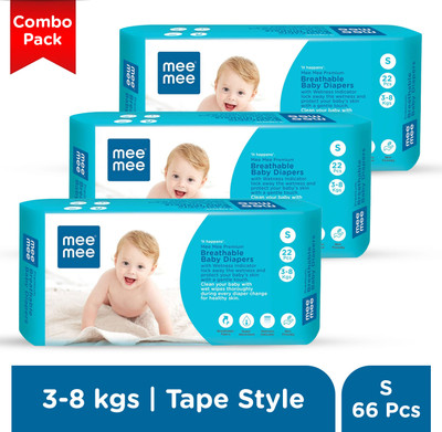 MeeMee Breathable Premium Baby Tape Diaper with Wetness Indicator and Leak-Proof Edge - S(66 Pieces)