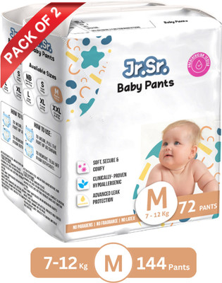 Jr. Sr. Baby Diaper Pants with Advanced Leak Protection | Soft & Comfortable | Pack of 2 - M(144 Pieces)