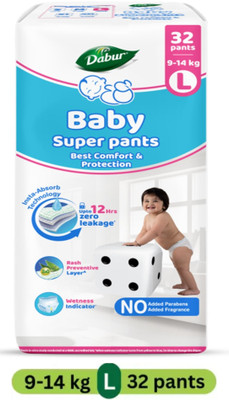 Dabur Baby Super Pants | Diaper Infused with Aloe Vera, Shea Butter & Vitamin E | Insta-Absorb Technology - L(32 Pieces)