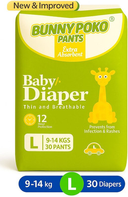 BUNNY POKO PANTS New & Improved |Baby Diapers | Upto 12Hrs Extra Absorbent | Large 9-14KG - L(30 Pieces)