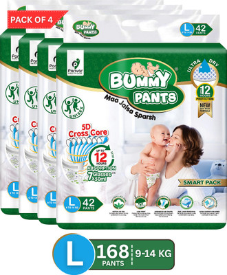 BUMMY PANTS Ultra Dry Baby Diapers with 5D Cross Core & 12-Hour Absorption | Pack of 4 - L(168 Pieces)