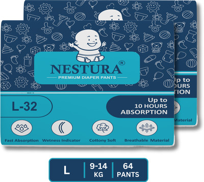 NESTURA Baby Diapers Pants Large L size with Wetness Indicator Pack of 2 (9-14 kg) - L(64 Pieces)