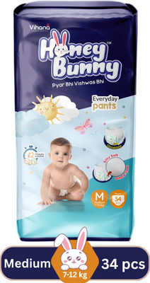 HONEY BUNNY Baby Diaper Pants|Extra Soft with bubble top sheet|12 Hour protection - M - M(34 Pieces)