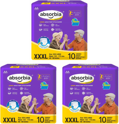 ABSORBIA Pant Adult Diaper - XXXL (10 Pieces)- Waist (48-68 inch) - ( Pack of 3 ) Adult Diapers - XXXL(30 Pieces)