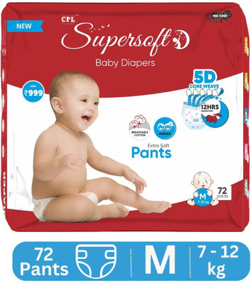 CPL SUPERSOFT Baby Diaper Pant Style | Up to 12 Hours Absorption | 7 - 12 Kg | Pack of 1 - M(72 Pieces)