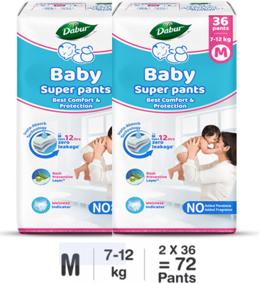Dabur Baby Super Pants | Diaper Infused with Aloe Vera, Shea Butter & Vitamin E | Insta-Absorb Technology - M(72 Pieces)