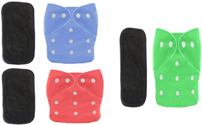 TINNY TOTS 3 Baby Reusable Cloth Diapers Nappy & 3 Charcoal Bamboo Insert Pad Washable(BGR) - New Born(6 Pieces)