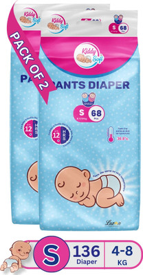 KiddySoft Baby Diaper Pants | Super Absorbent- Crisscross Top Layer | 4-8 KG | Pack of 2 - S(136 Pieces)