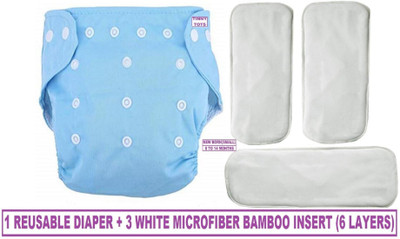 TINNY TOTS Adjustable Quick Dry Washable Reusable Cloth Diaper Nappy With 3 White Multi-Layer Microfiber Bamboo Changing Insert Pads For Toddlers/Babies/New Borns(0-12 Months,BLUE) - New Born(4 Pieces)