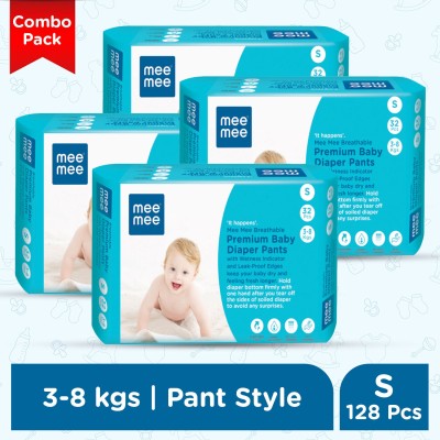 MeeMee Breathable Premium Baby Diaper Pants with Wetness Indicator and Leak-Proof Edge - S(128 Pieces)