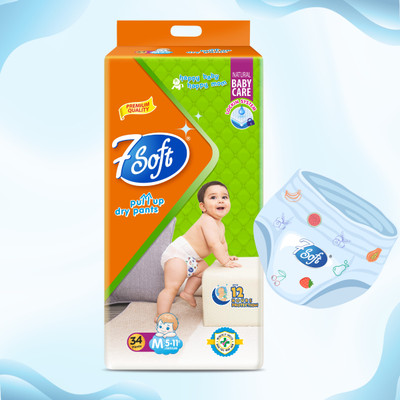 7 Soft Premium Baby Pull-Up Dry Pants – Size M (6–11 kg), Natural Baby Care - M(34 Pieces)