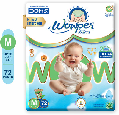 Wowper Fresh Baby Diaper Pants | Medium | 7-12 Kgs | Wetness Indicator - M(72 Pieces)