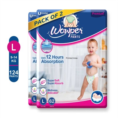 Wowper Fresh Baby Diapers Pants | Wetness Indicator | Upto 12 Hrs Absorption | 9-14 Kg - L(124 Pieces)