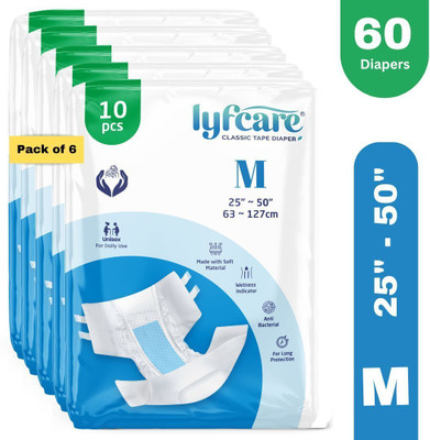 lyfcare Classic Tape Style | Unisex | Medium | Waist Size (25-50 Inch) | Pack of 6 | Adult Diapers - M(60 Pieces)