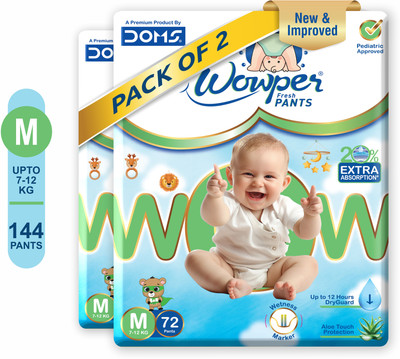 Wowper Fresh Baby Diapers Pants by Doms|Wetness Indicator| Upto 12Hrs Absorb | 7-12 Kg - M(144 Pieces)