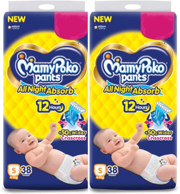 MamyPoko All Night Absorb Pants Style Baby Diapers Small(S) (38+38) Count 4-8kg - S(76 Pieces)