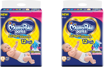 MamyPoko All Night Absorb Upto 12Hrs - Small (60 pieces) - ( Pack of 2 ) - S(120 Pieces)