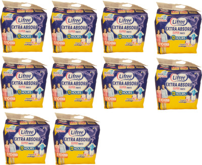 LIFREE Extra Absorb Super Pants Unisex, 100 Pcs, Waist size S- 24-33 Inch (Pack of 10) Adult Diapers - S(100 Pieces)