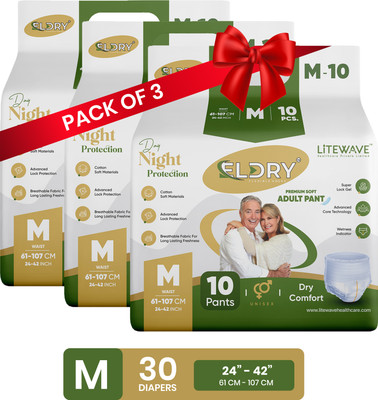 Eldry Unisex | Premium Soft Adult Pant Style Diapers | Medium (M) | (Pack of 3) Adult Diapers - M(30 Pieces)
