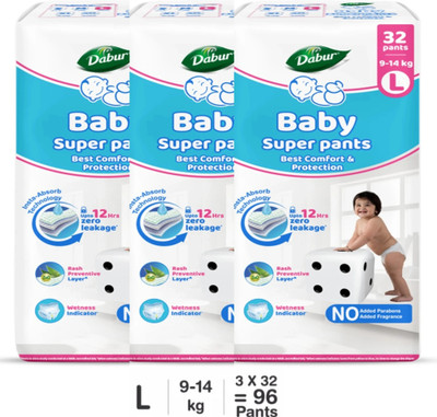Dabur Baby Super Pants | Diaper Infused with Aloe Vera, Shea Butter & Vitamin E | Insta-Absorb Technology - L(96 Pieces)