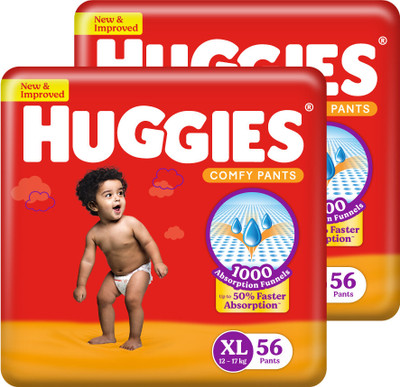 Huggies Comfy Baby Diaper Pants, Upto 50% Faster Absorption (56 X 2) - XL(112 Pieces)