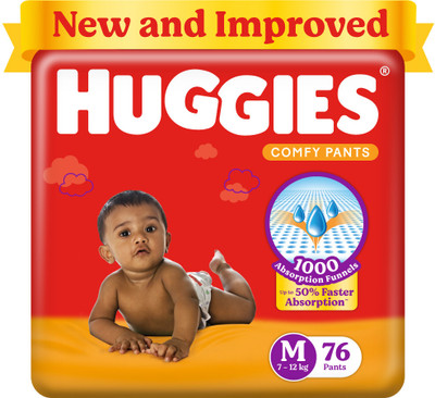 Huggies Comfy Baby Diaper Pants, Upto 50% Faster Absorption - M(76 Pieces)