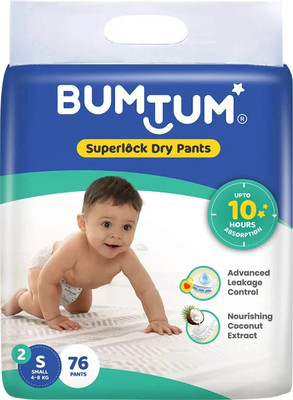 BUMTUM Superlock Diapers Pants with Superlock Gel Technology |Coconut Extracts - S(76 Pieces)