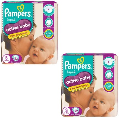 Pampers ACTIVE BABY TAPED DIAPERS SMALL S 22+22 PACK OF 2 - S(44 Pieces)