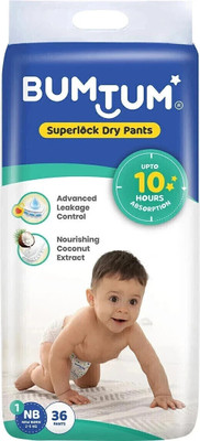BUMTUM Superlock Diapers Pants with Superlock Gel Technology |Coconut Extracts - New Born(36 Pieces)