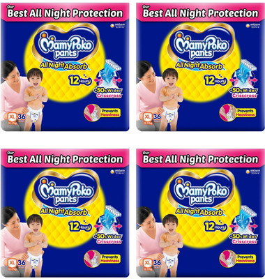 MamyPoko Standard All Night Baby Diapers Extra Large 36 (Pack of 4) - XL(144 Pieces)