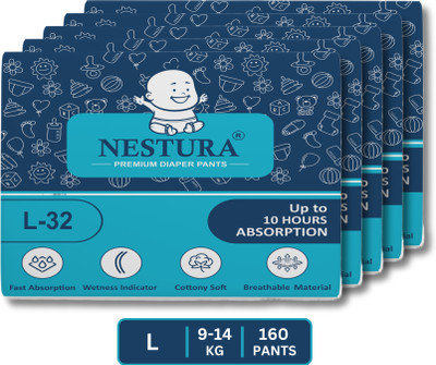 NESTURA Baby Diapers Pants Large L size with Wetness Indicator Pack of 5 (9-14 kg) - L(160 Pieces)