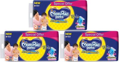 MamyPoko Standard All Night Baby Diapers Extra Large 36 (Pack of 3) - XL(108 Pieces)