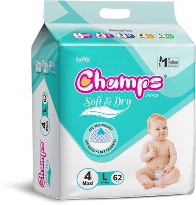 Champs Soft and Dry Baby Diaper Pants|Pack of 1 - L(62 Pieces)