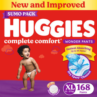 Huggies Complete Comfort Wonder Pants, India’s Fastest Absorbing Diaper | – XL(168 Pieces)