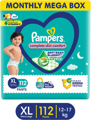 Pampers Complete Skin Comfort Pants, Anti-rash blanket, Lotion with VitaminE & Aloe Vera - XL(112 Pieces)