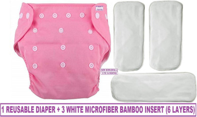 TINNY TOTS Adjustable Quick Dry Washable Reusable Cloth Diaper Nappy With 3 White Multi-Layer Microfiber Bamboo Changing Insert Pads For Toddlers/Babies/New Borns(0-12 Months,PINK) - New Born(4 Pieces)