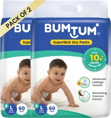 BUMTUM Superlock Diapers Pants with Superlock Gel Technology |Coconut Extracts - L(120 Pieces)