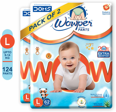 Wowper Fresh Baby Diaper Pants|Wetness Indicator| Upto 12Hrs Absorb | 9-14 Kg - L(124 Pieces)