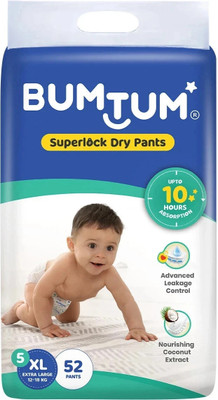 BUMTUM Superlock Diapers Pants with Superlock Gel Technology |Coconut Extracts - XL(52 Pieces)