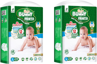 BUMMY PANTS Super Absorbent 5D Cross Core with Anti Rash - LARGE (28 Pieces) - ( Pack of 2 ) - L(56 Pieces)