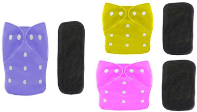TINNY TOTS 3 Baby Reusable Cloth Diapers Nappy & 3 Charcoal Bamboo Insert Pad Washable(YPP) - New Born(6 Pieces)