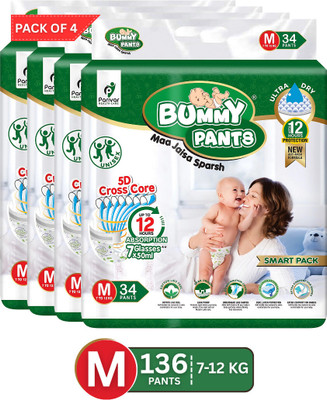 BUMMY PANTS Cottony Soft Baby Diapers with 5D Cross Core & 12-Hour Absorption | Pack of 4 - M(136 Pieces)