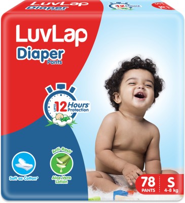 LuvLap Diaper Pants Small (SM) 4 to 8Kg, 78 Count, Baby Diaper Pants, with Aloe Vera Lotion for rash protection, with upto 12 Hour protection - S(78 Pieces)