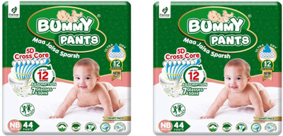 BUMMY PANTS Super Absorbent 5D Cross Core with Anti Rash - NEW BORN (44 Pieces) -(Pack of 2) - New Born(88 Pieces)