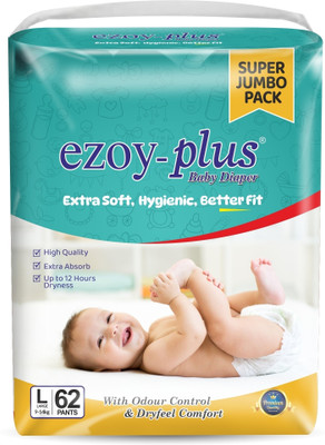 Ezoyplus Baby Diapers Large Size (9-14 kg) Extra Absorption & Better Fit | Pack of 1 - L(62 Pieces)